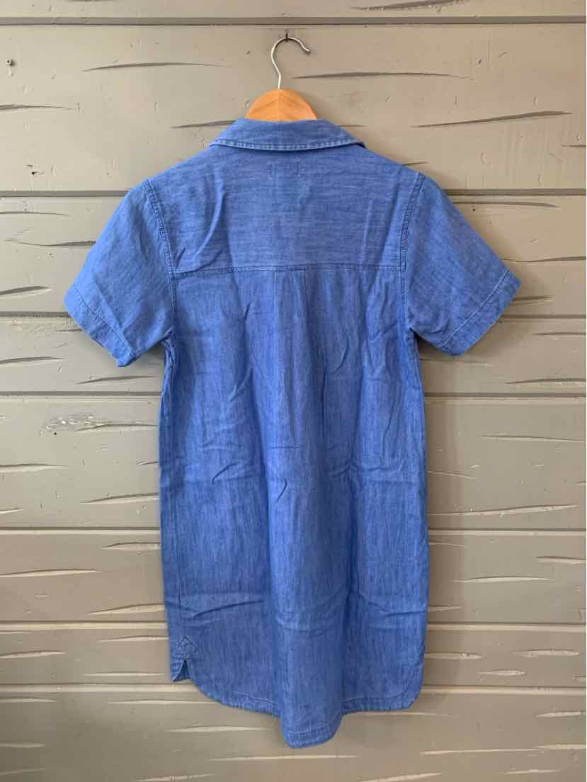 Blue short-sleeve casual dress with collar and back yoke on hanger against wood wall.