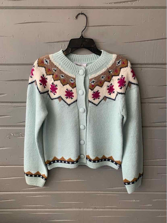Light blue knit cardigan with multicolor floral and geometric patterns on yoke and hem, button-front closure, long sleeves,.