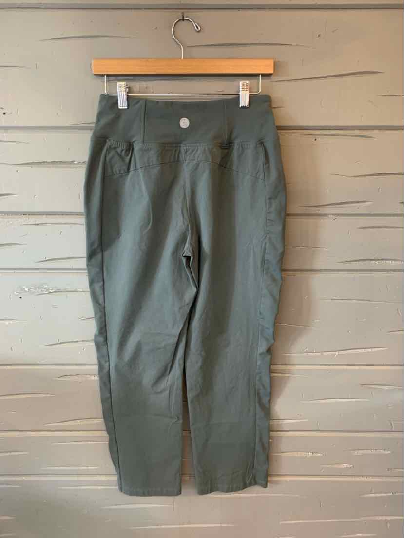 Gray lightweight stretch pants with elastic waistband and back buttoned pocket, size small.