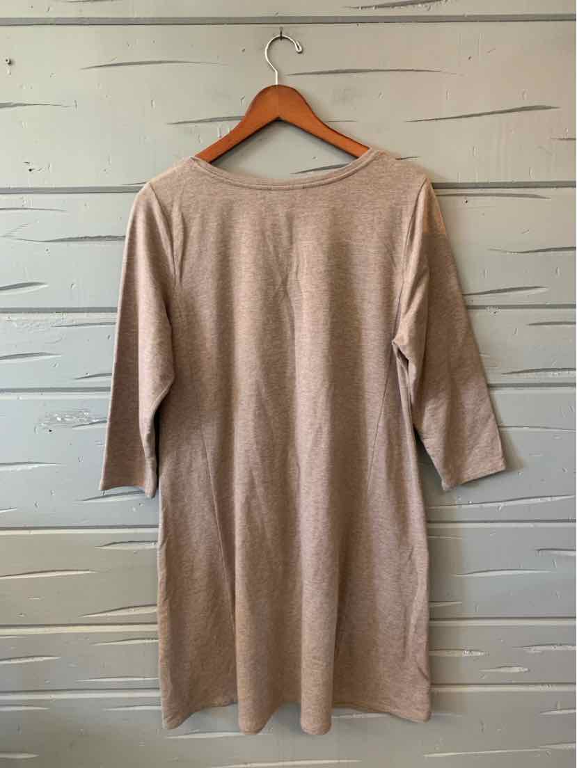 Beige long-sleeve knit tunic dress with a relaxed fit and simple round neckline.