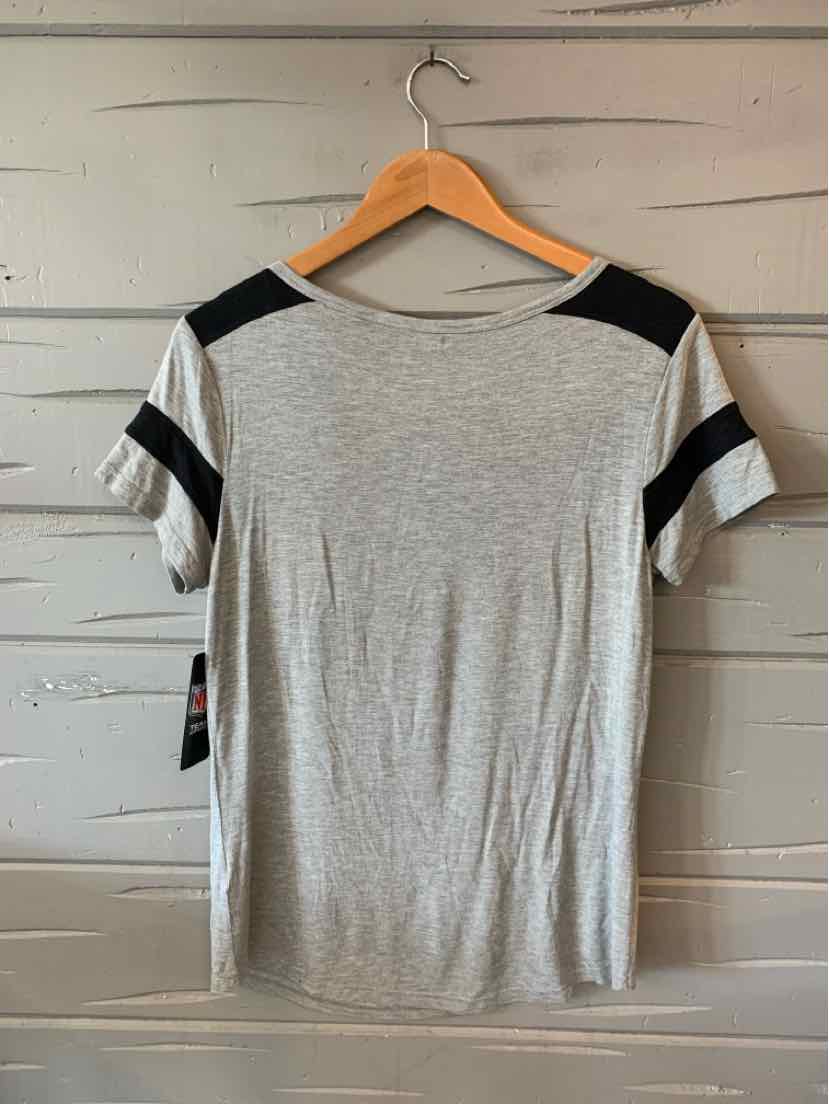 Gray short-sleeve t-shirt with black shoulder and sleeve stripes, crew neckline, lightweight fabric.