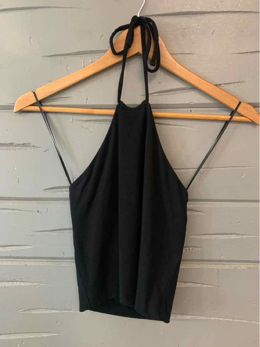 Black halter neck crop top with a tie closure and ribbed hem in size XS.