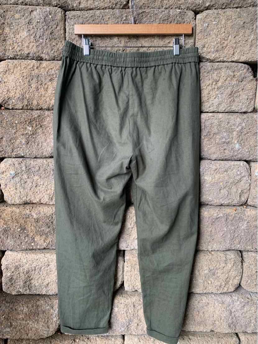 Olive green tapered pants with elastic waistband and relaxed fit hanging on wooden hanger against stone wall.