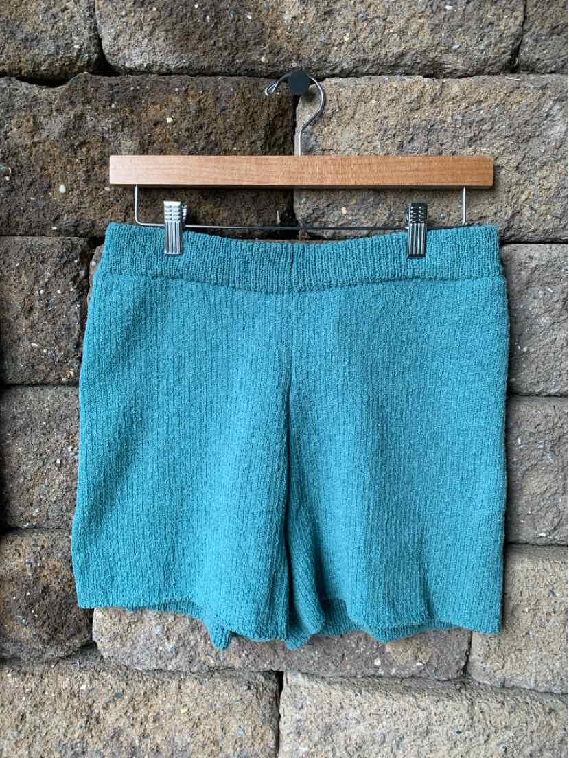 Turquoise knit shorts with an elastic waistband and relaxed fit, hanging against a stone wall.