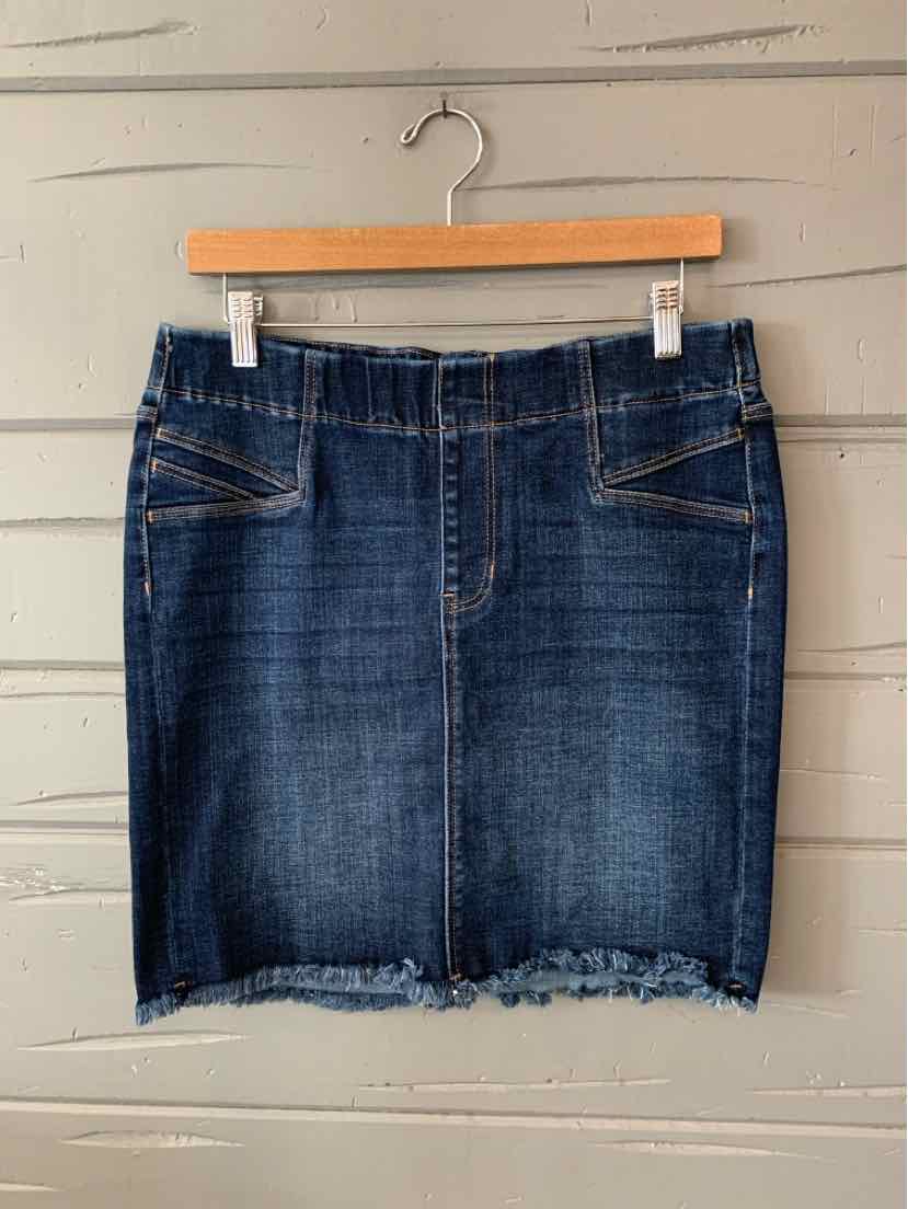 Dark blue denim mini skirt with frayed hem and front pockets, size 8.