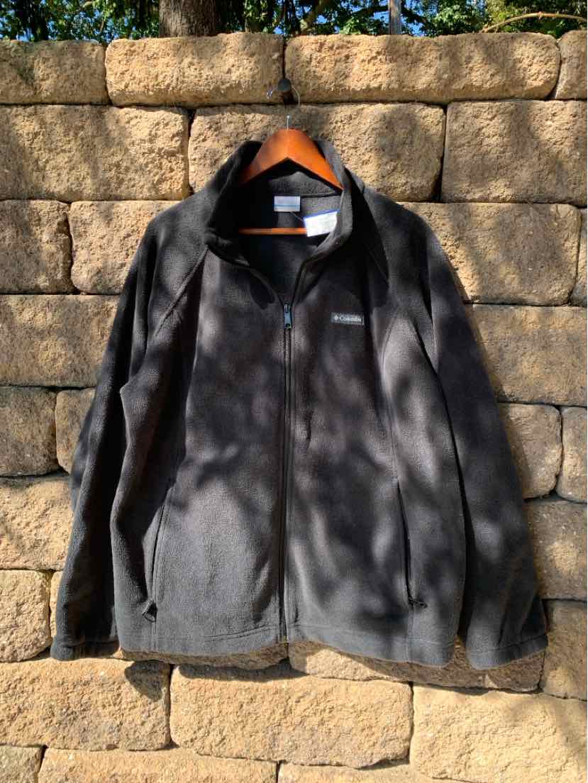 Black full-zip Columbia fleece jacket with stand collar and long sleeves in size 2X.