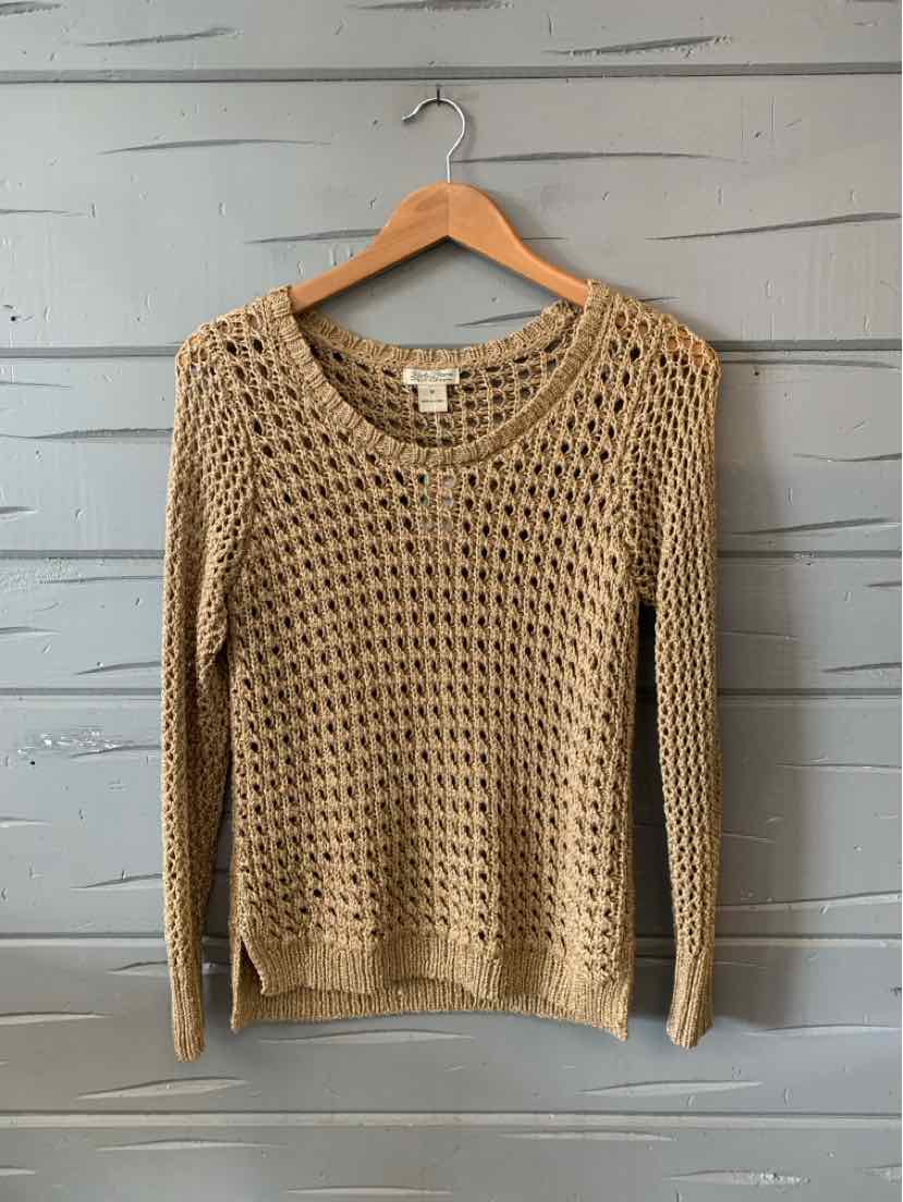 Tan open-knit long sleeve sweater with crew neckline, medium size, lightweight texture.