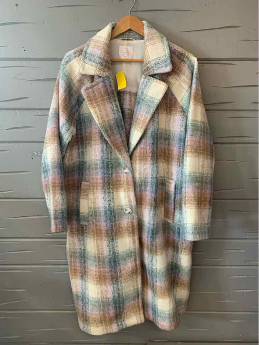 Long plaid coat in pastel shades of cream, blue, and peach with a wide collar and button closure in size XXL.