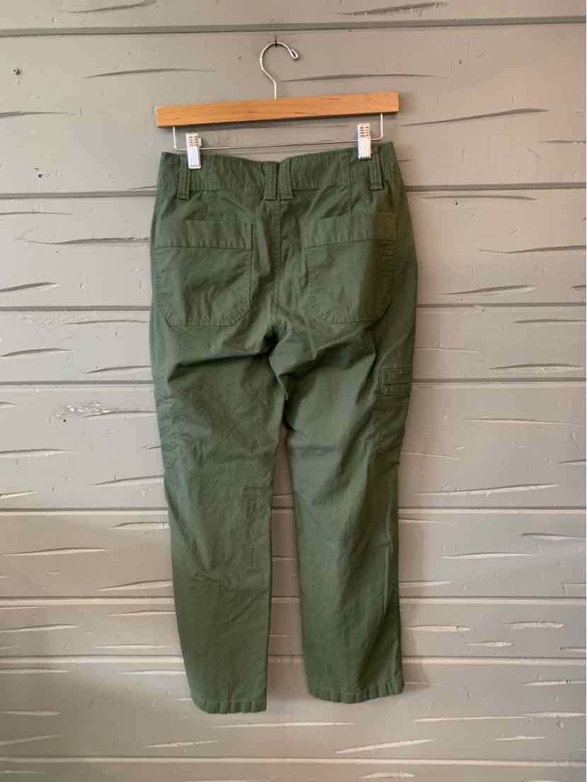 Olive green casual pants with back pockets and a straight-leg fit hanging on wooden hanger.