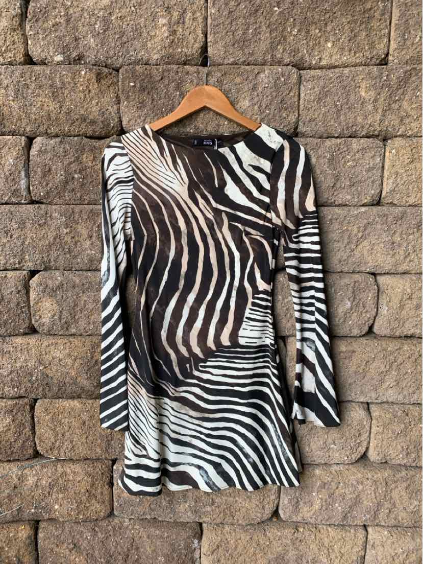 Long-sleeve mini dress with black and white zebra print, fitted silhouette, lightweight fabric.