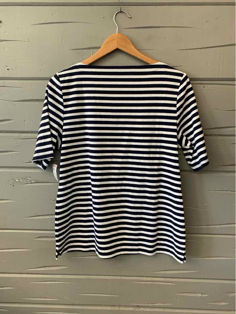 Black and white horizontal striped 3/4 sleeve shirt with boat neckline on wooden hanger.