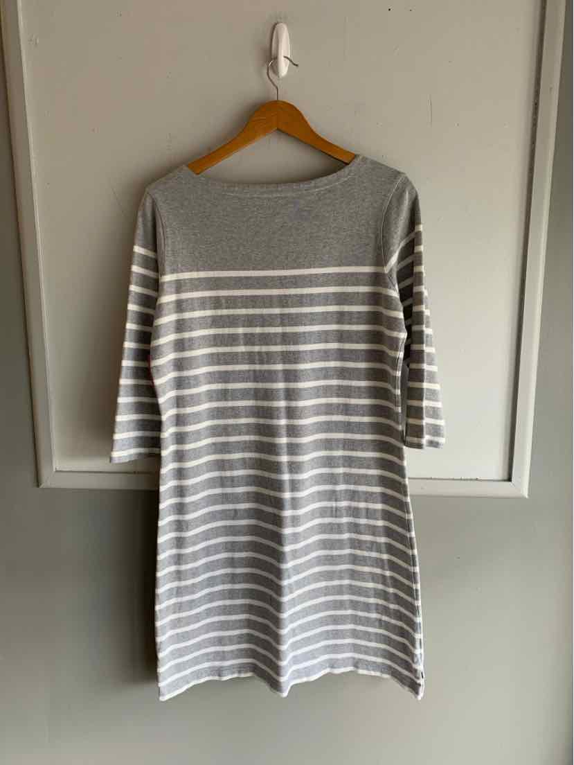 Gray and white striped long-sleeve knit dress with boat neckline and large size label.