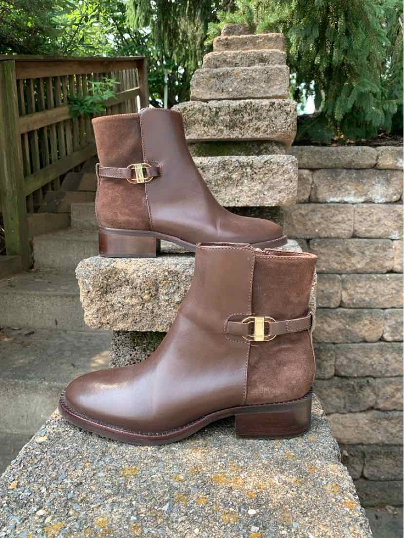 Brown leather ankle boots with side buckle detail and low block heel, size 7.