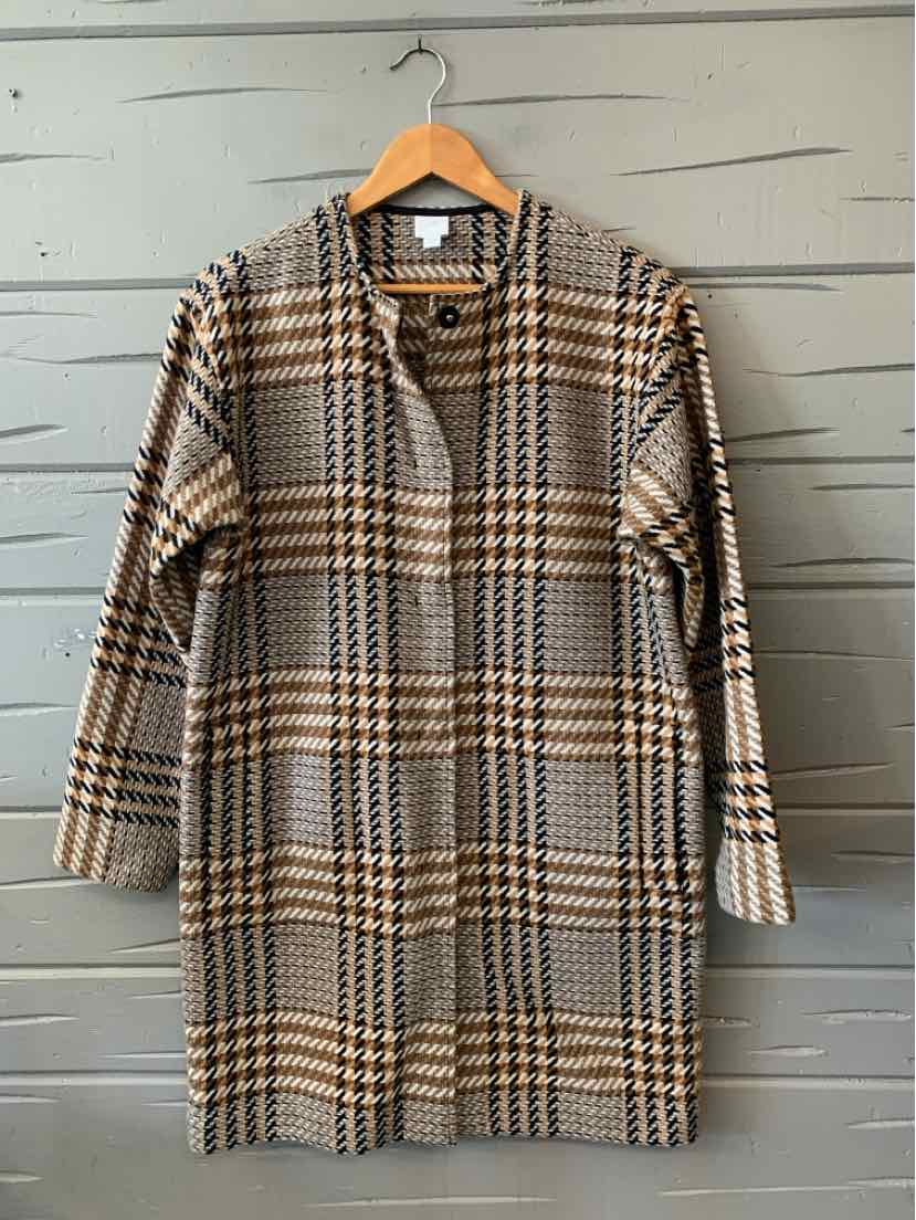 Long-sleeve knee-length plaid dress in beige, black, and white with a V-neck and structured shoulders.