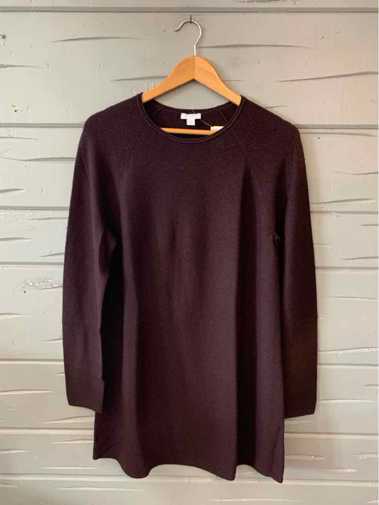 Dark brown long-sleeve wool sweater with crew neck, mid-length, relaxed fit.