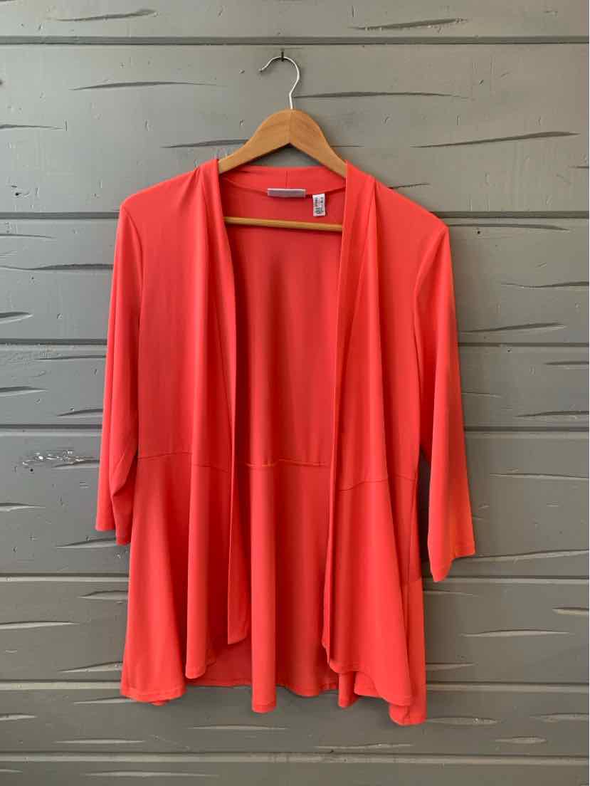 Coral open-front cardigan with three-quarter sleeves and a flowy drape design.