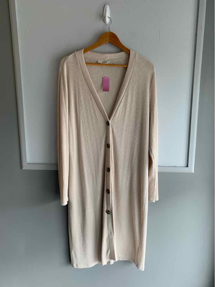 Long beige knitted cardigan with buttons down the front, V-neckline, and long sleeves, size XL.