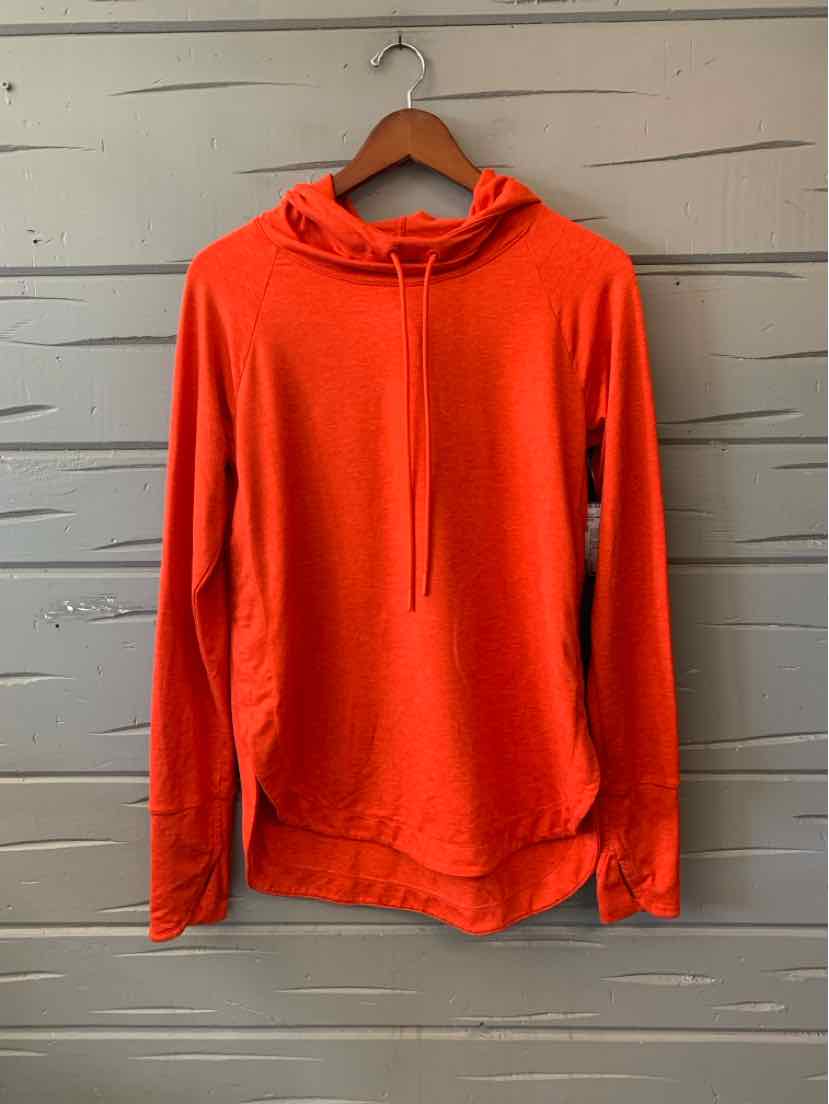 Bright red lightweight pullover hoodie with long sleeves and a drawstring hood hanging on a wooden hanger.