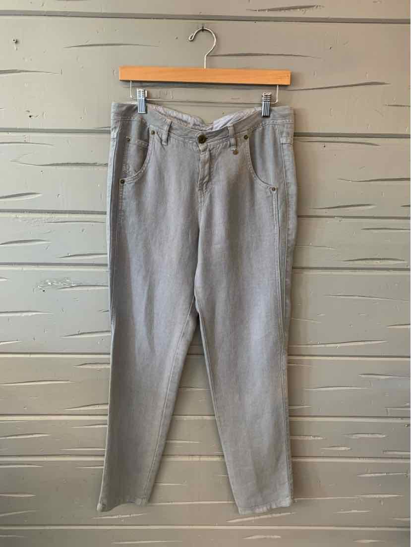 Light gray linen wrap pants with belt loops and front pockets, size medium.