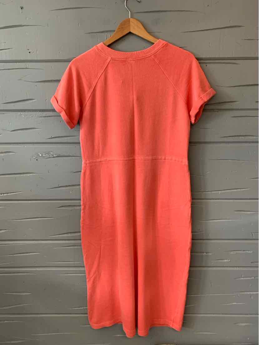 Coral pink short-sleeve dress with a fitted waist and soft knit fabric hanging on a wooden hanger.