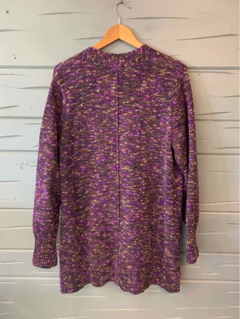 Long-sleeve knit sweater in purple and pink marled yarn with a relaxed fit and crew neckline.