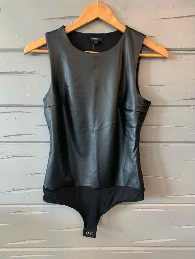 Black sleeveless faux leather bodysuit with round neckline and snap closures at crotch.