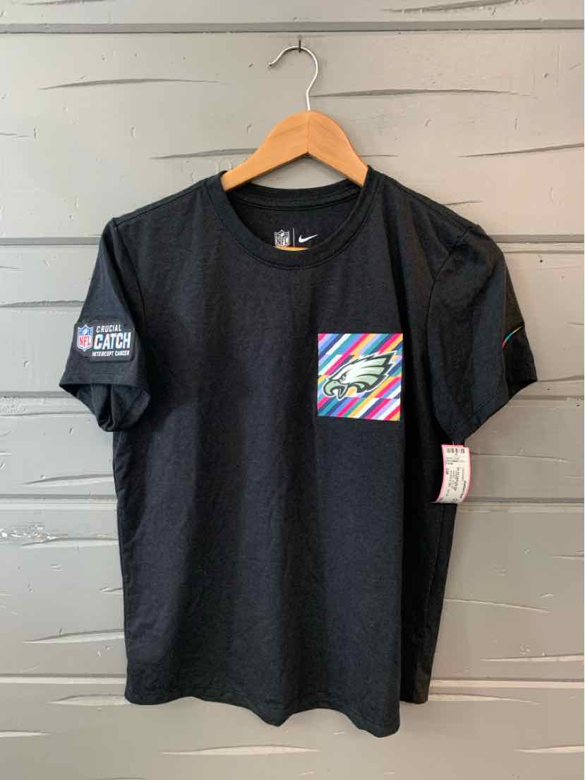 Black NFL t-shirt with colorful diagonal stripes pocket and NFL logo patch on sleeve, size small.