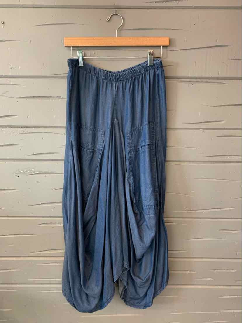 Blue loose-fit wide-leg pants with gathered hem and elastic waistband, size medium.