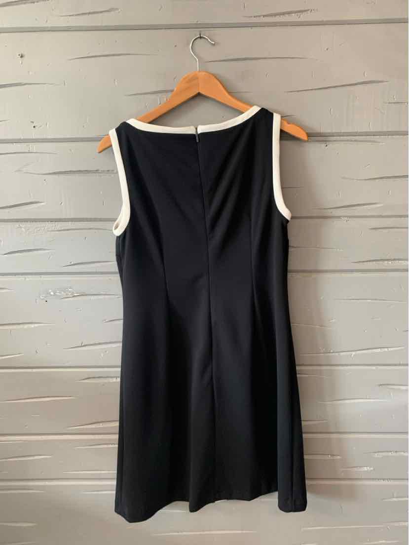 Black sleeveless dress with white trim around armholes and neckline, knee-length, fitted silhouette.