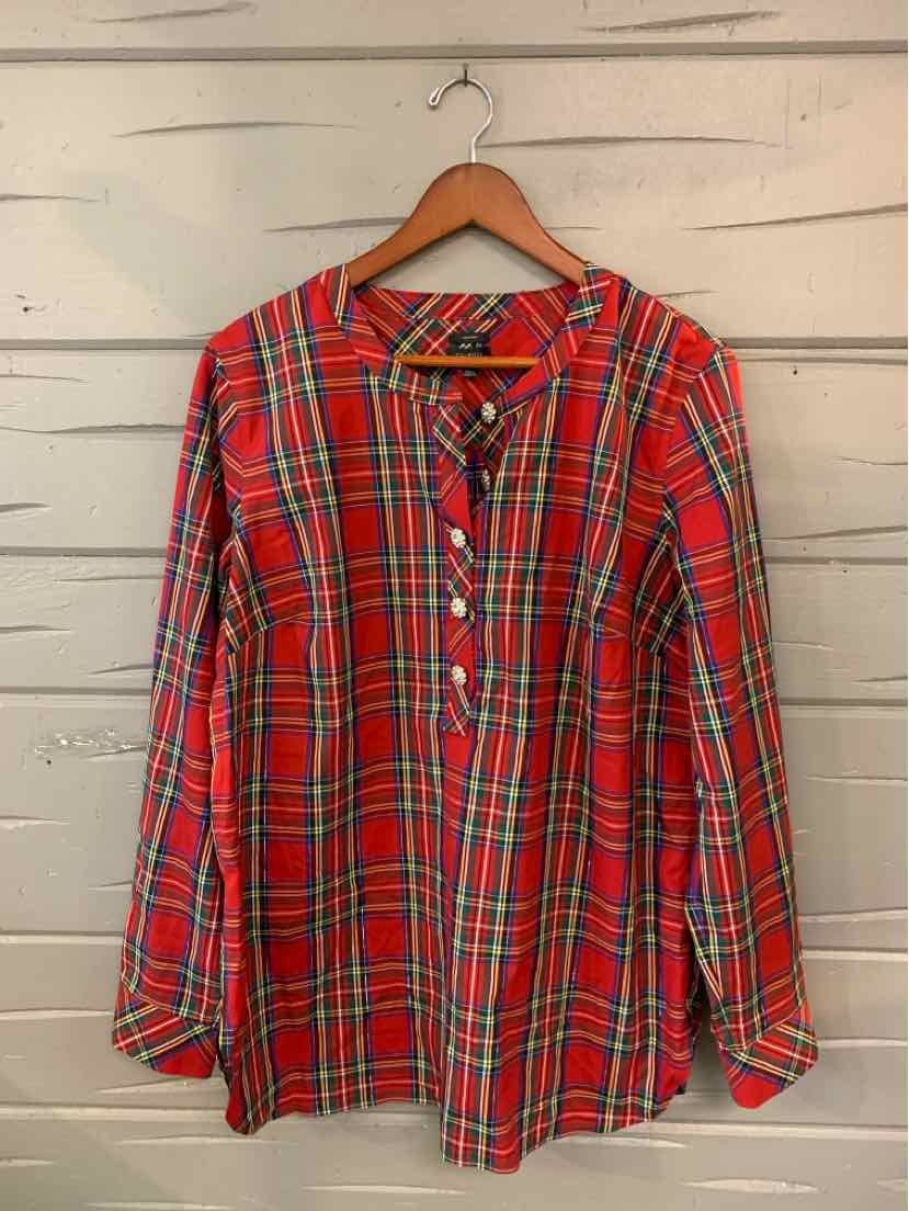 Red plaid long-sleeve blouse with lace-up neckline and button details, relaxed fit.