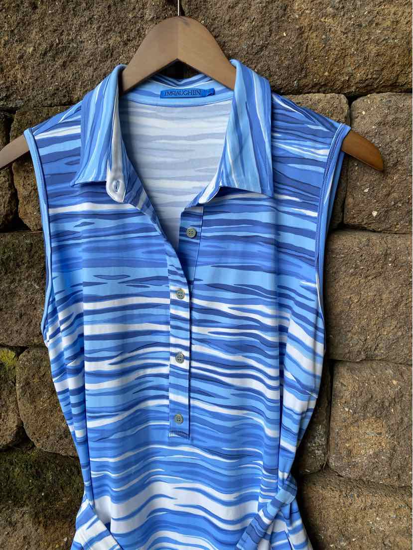 Sleeveless blue striped polo shirt with button placket and collared neckline in XL size.