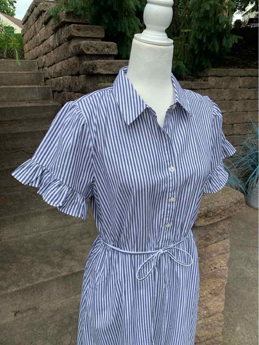 Blue and white vertical striped short-sleeve dress with ruffle cuffs and waist tie.