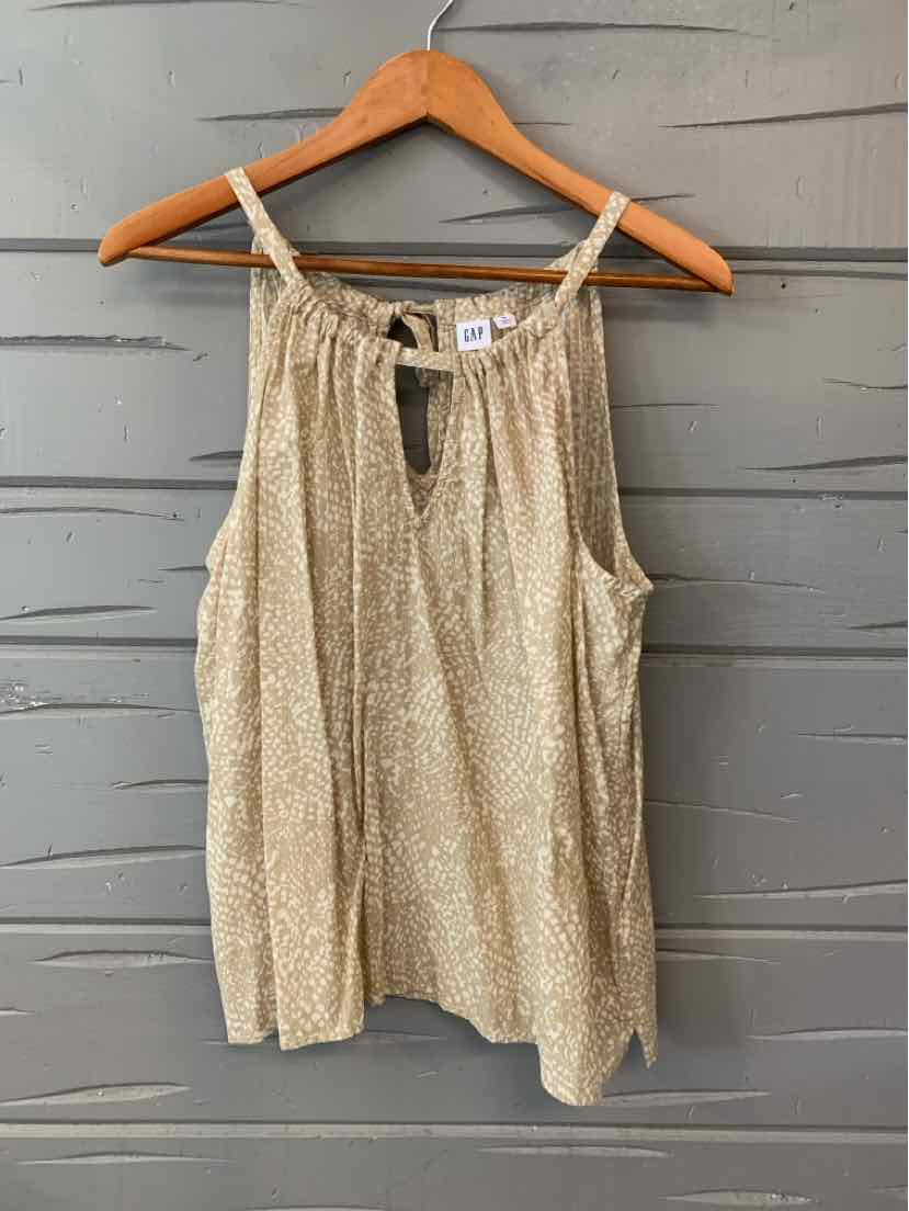 Tan sleeveless flowy tank top with subtle patterned texture and keyhole neckline, size medium.