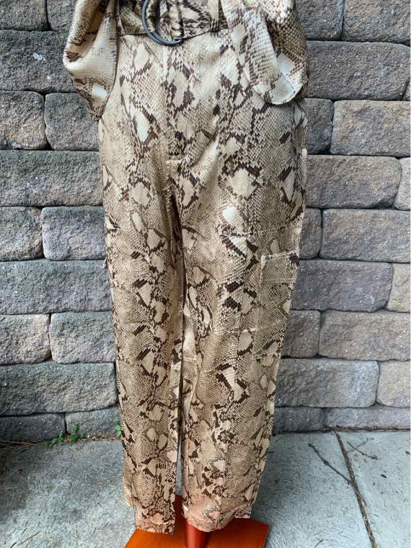 High-waist beige and brown snake print pants with front pleats and tapered legs.