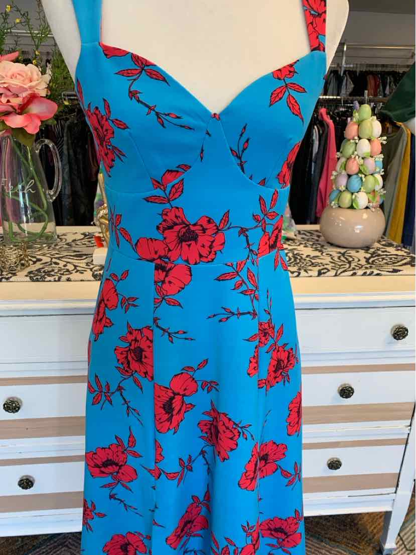 Blue sleeveless dress with red floral print and sweetheart neckline, size XS.