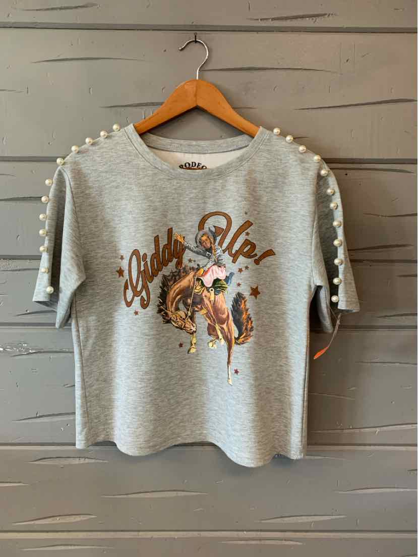 Gray short-sleeve sweatshirt with pearl embellishments on sleeves and western horse rider graphic on front.