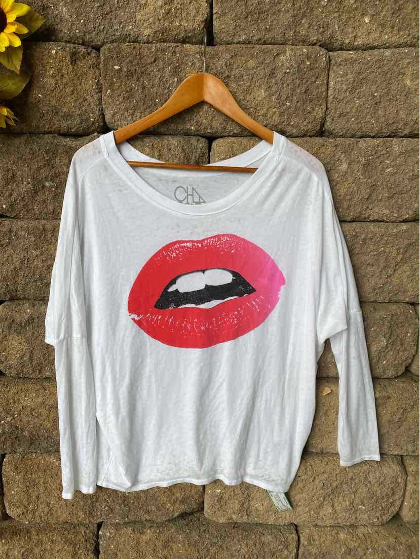 White long-sleeve shirt with scoop neck and large red lips graphic on front, size small.