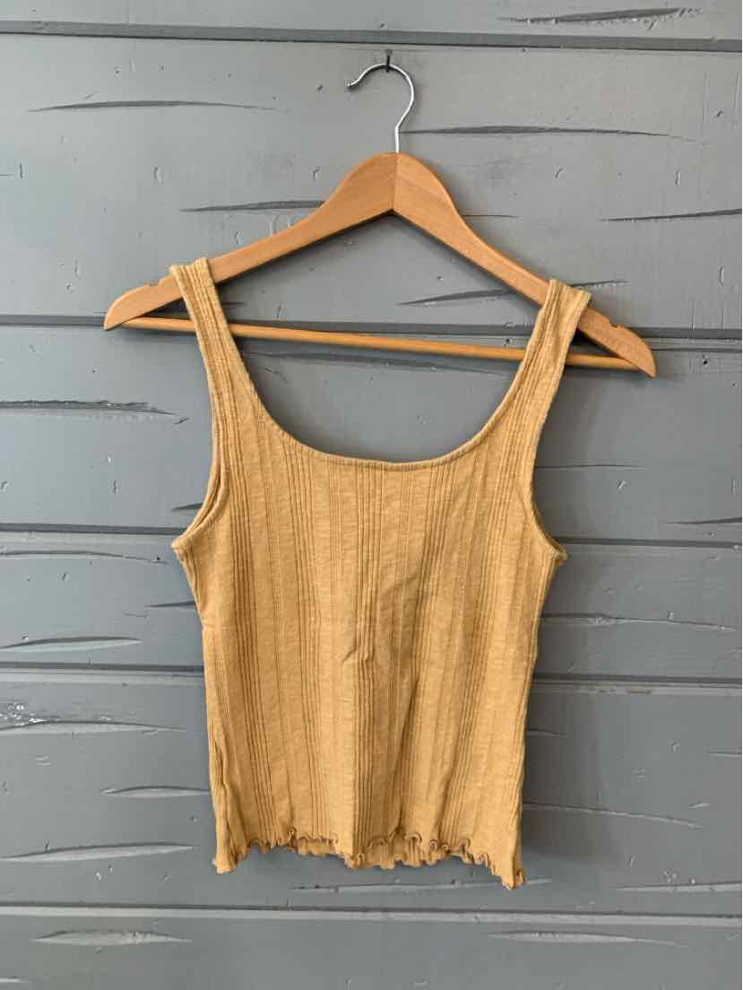 Mustard yellow ribbed knit tank top with wide straps and a raw hem, medium size.
