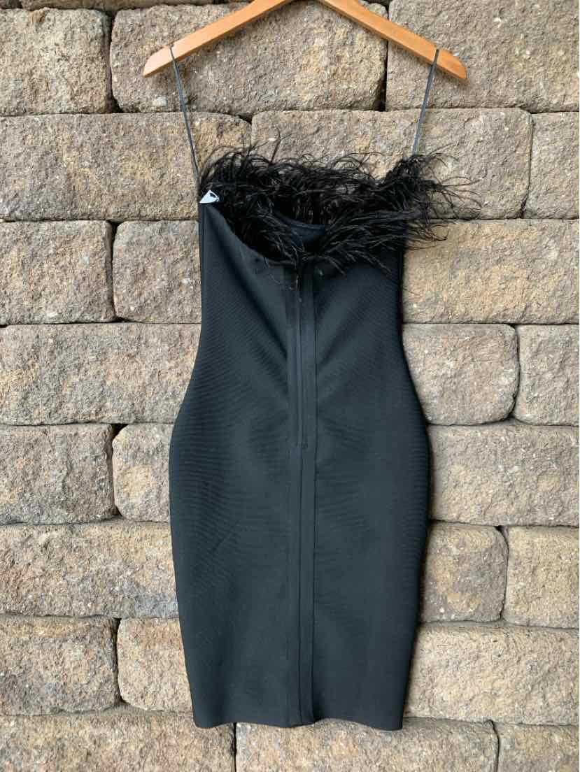 Black sleeveless fitted dress with feather trim detail at the bust, knee-length design.