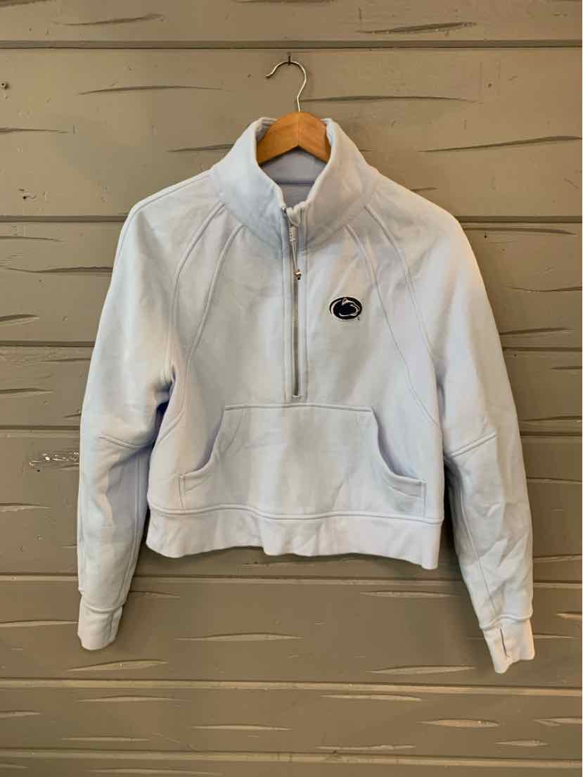 Light grey quarter-zip pullover with high collar and kangaroo pocket, slim fit, Lululemon logo patch on chest.