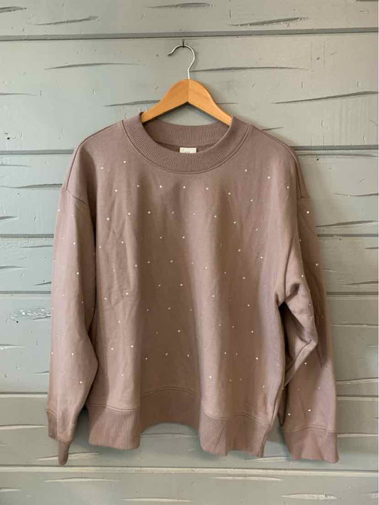 Mauve long-sleeve crewneck sweatshirt with scattered small rhinestone embellishments, relaxed fit, size XL.