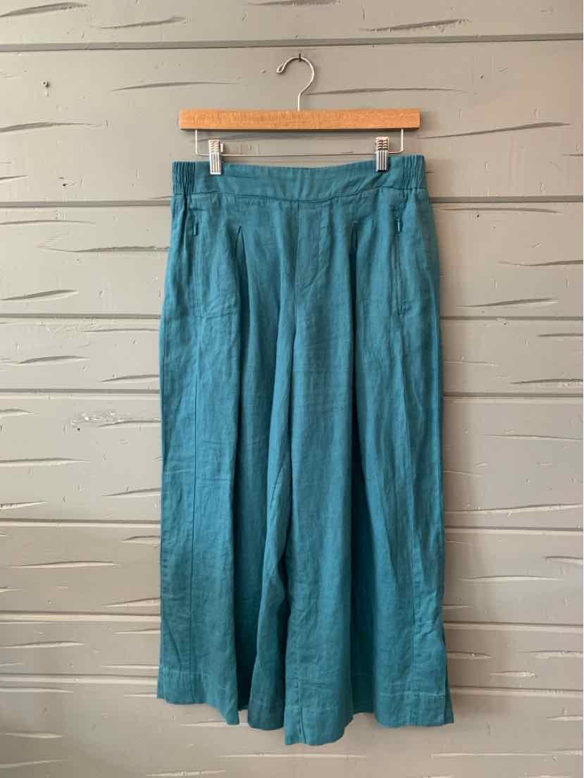 Teal linen wide-leg pants with high waist and relaxed fit, size 10.