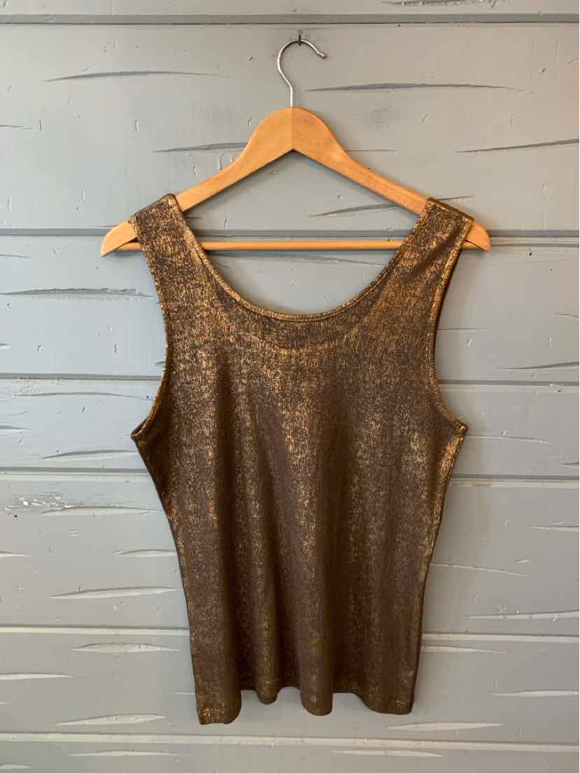 Metallic bronze sleeveless tank top with scoop neck, fitted style, size XL.