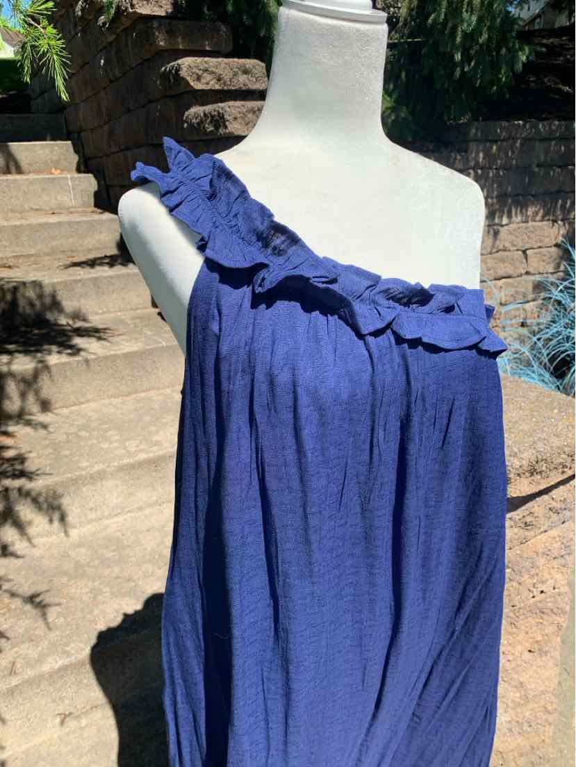 Blue sleeveless dress with ruffled one-shoulder neckline and lightweight fabric.