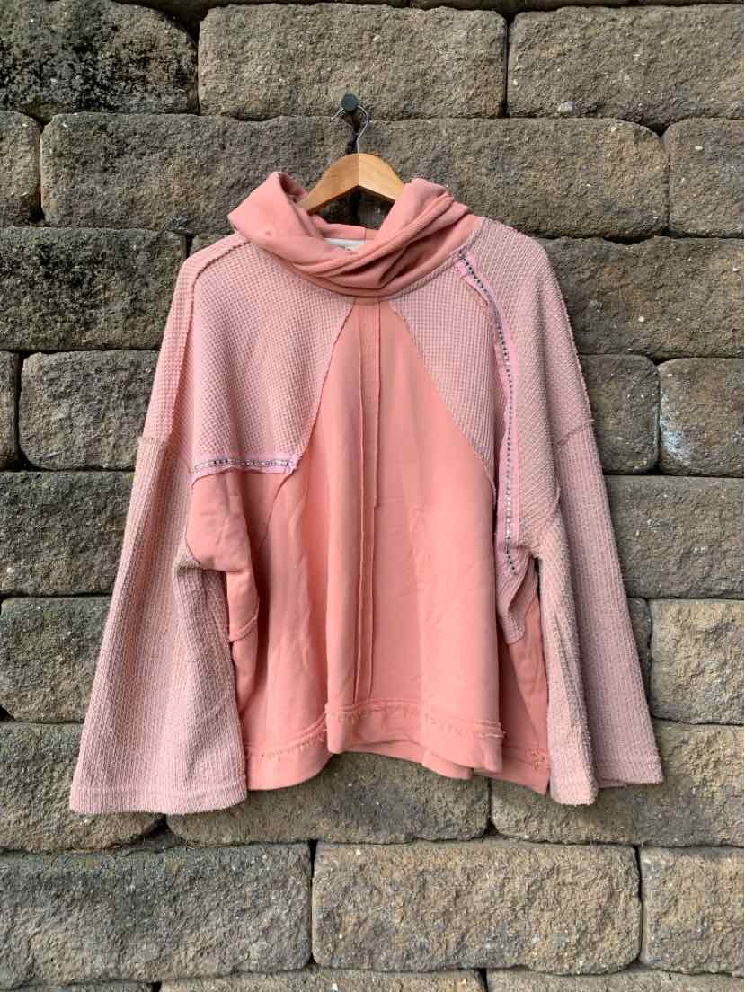 Solid dusty pink pullover hoodie with a draped cowl neck, long sleeves, and a relaxed fit.