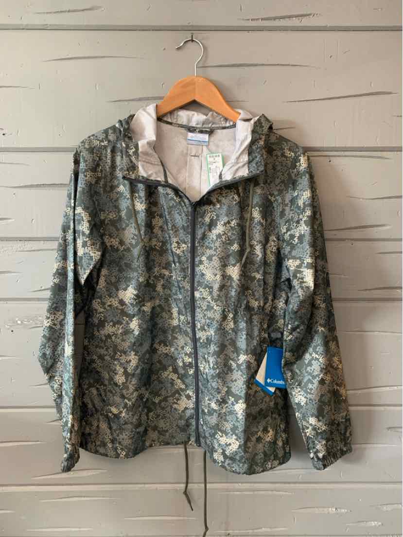 Lightweight camouflage jacket with full front zipper, hood, and drawstring hem.