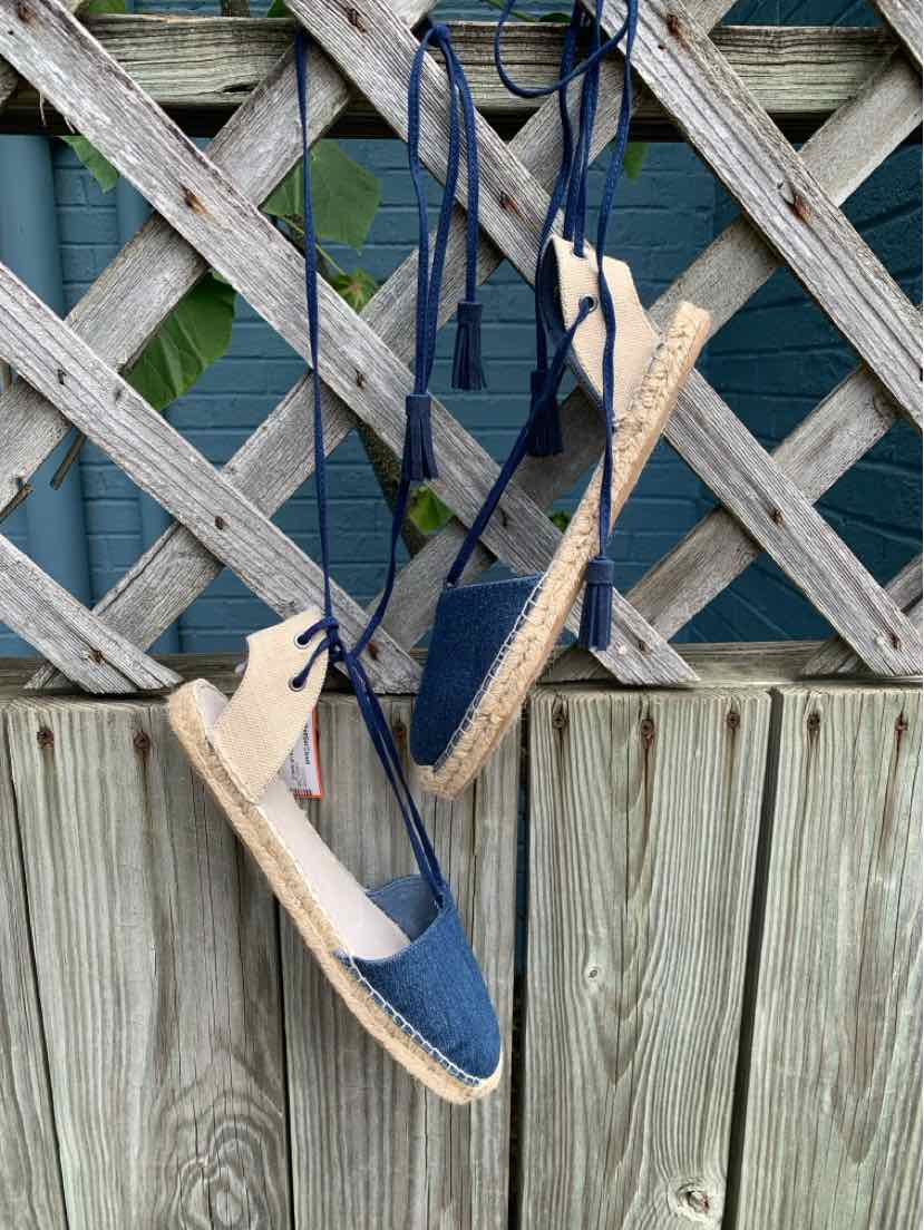 Blue denim espadrille flats with ankle ties and natural jute sole, size 9.5.