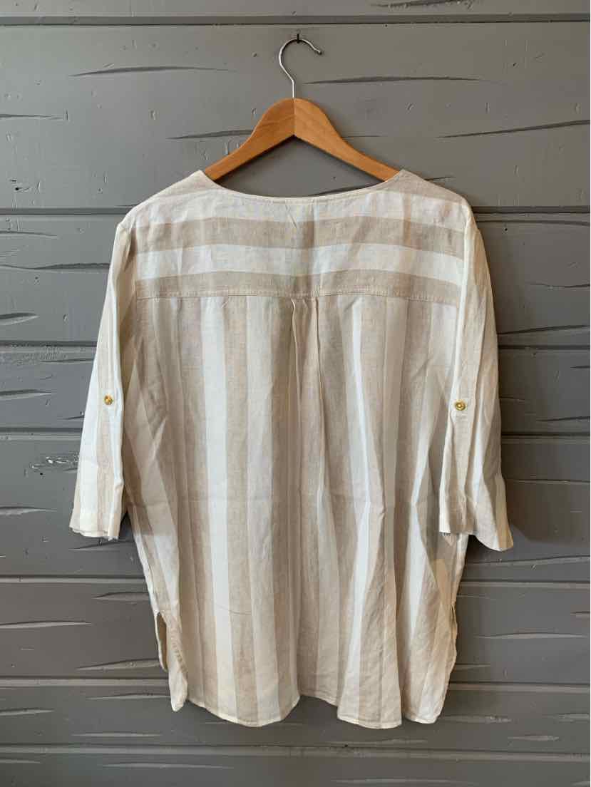 Beige Ellen Tracy XL blouse with wide vertical and horizontal stripes, 3/4 sleeves with button tabs.