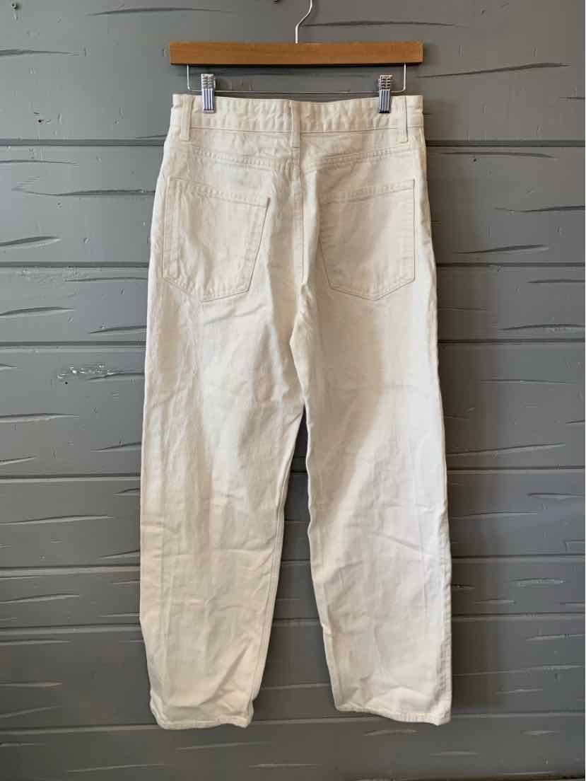 White casual pants with elastic waistband and two back pockets, straight leg cut.