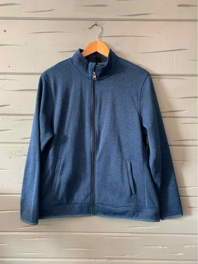 Blue full-zip fleece jacket with stand collar and side pockets in size XL.